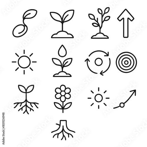 Icons of Growth. Growth Set linear set: sprouting seed, young leaf, branching stem, upward arrow, sunlight ray, water droplet feed, nutrient cycle icon, growth rings, expanding