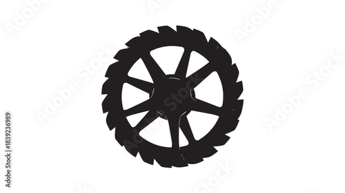A detailed black silhouette of a wheel with a rugged tire, featuring a circular shape with eight spokes and a textured tire, isolated on a pure white background, showcasing a simple yet striking desig