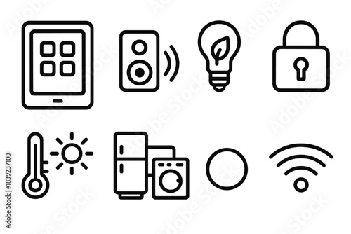 Smart Home Interface. Home Tech Harmony linear set: centralized control tablet, multi-room speaker icon, energy-saving setting, auto-lock symbol, environmental sensor, connected
