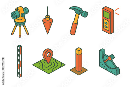 Field Survey Icons. Field Survey Equipment isometric flat set: tripod-mounted scope, plumb bob, stake hammer, laser measure, folding staff, contour map, boundary peg, angle meter.