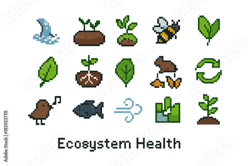 Ecosystem Health Icons. Ecosystem Health set of icons in flat pixel vector style: clean water flow, fertile soil patch, pollinator bee, healthy leaf, root network, balanced food