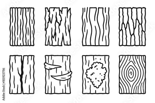 Detailed Wood Bark Icons. Wood bark details linear set: grooved texture, flaky section, smooth stretch, thick ridges, bark split, layered peel, moss patch, patterned grain.