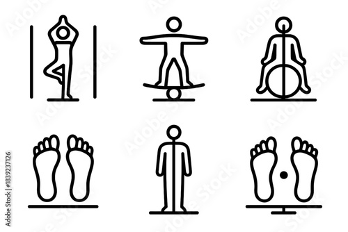 Balance and Stability Icons. Physical Balance linear set: yoga pose, balance board, stability ball, foot alignment, posture line, centered dot, equilibrium bar, stance marker.