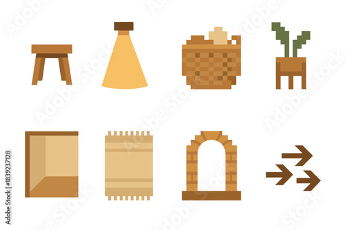 Serene Pixel Art Icons. Balanced Space Composition pixel style set: low stool, warm light beam, declutter basket, plant stand, quiet corner tile, serene rug line, open passageway,