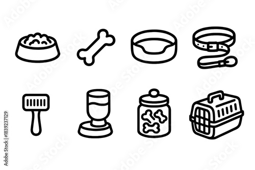 Pet Supplies Icons. Pet Supplies linear set: food bowl, chew toy, pet bed, collar and leash, grooming brush, water dispenser, treat jar, pet carrier.
