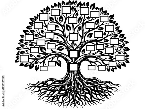 Woodcut Style Vector Family Tree with Blank Frames. Genealogy, Ancestry, History, and Global Family Day Concept Design Element
