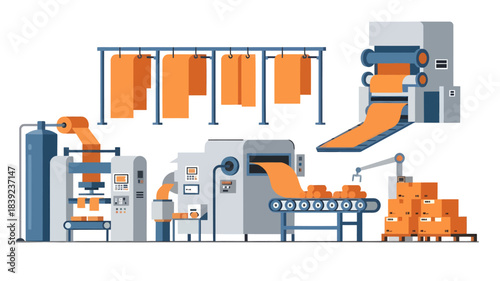 Graphic illustration of an industrial meat processing plant with conveyor belts and machinery