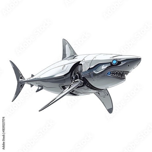 Cybernetic Great White Shark on White Background