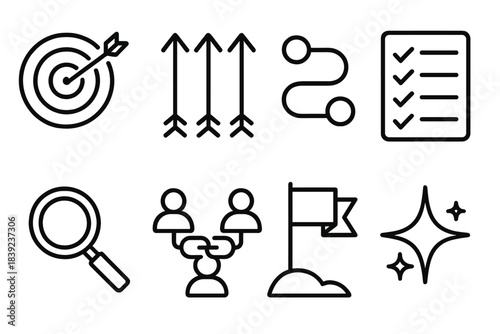Strategic Planning Icons. Unified Vision Setting linear set: shared target icon, aligned arrows, roadmap bar, priority list, focus lens, team link chain, milestone flag, clarity