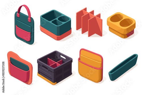Colorful Car Organizer Icons. Automobile Organizer Essentials flat isometric set: hanging seat pocket, modular console tray, compartment divider, drink-holder insert, trunk storage