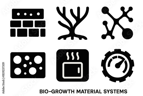 Bio-Growth Icon Set. Bio-Growth Material Systems silhouette set: nutrient feed layer, mycelial scaffold, colonization pattern, biofoam block, curing chamber icon, sustainability