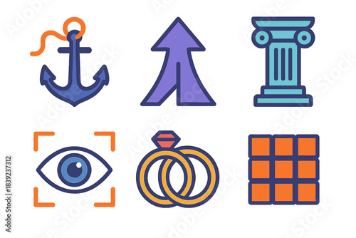 Modern Responsibility Icons. Responsibility Symbols flat set: anchor line, guiding arrow, steady pillar, focus eye, commitment ring, structured grid.