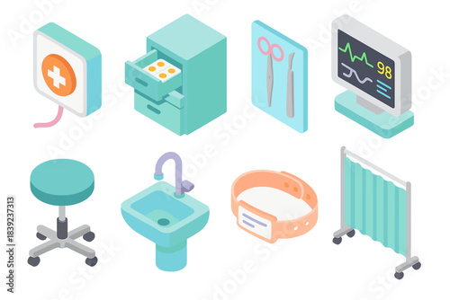 Isometric Hospital Icons. Hospital Environment Set isometric flat set: nurse call button, medication drawer, sterile tools pack, vitals screen, rolling stool, handwash sink,