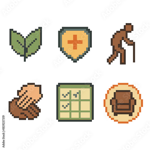 Holistic Care Icons. Holistic companion care pixel style set: wellness leaf, care badge, mobility icon, bonding hand, routine chart, comfort zone symbol.