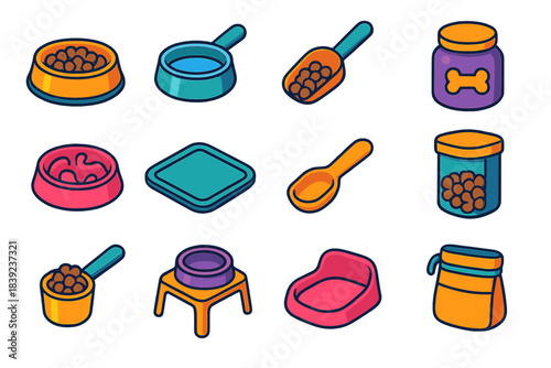 Pet Feeding Icons. Pet Feeding Essentials isometric flat set: food bowl, water dish, kibble scoop, treat jar, slow-feeder plate, feeding mat, portion spoon, airtight container,