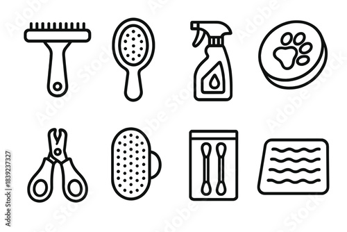 Pet Grooming Tools. Pet care grooming gear linear set: undercoat rake, gentle brush, stain remover spray, conditioner tin, nail trimmer, grooming pad, ear swab pack, drying mat.