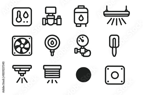 Automated Grow Icons. Automated Grow Environments linear set: climate sensor tile, smart irrigation valve, nutrient-mix tank, adjustable LED bar, airflow control fan, humidity