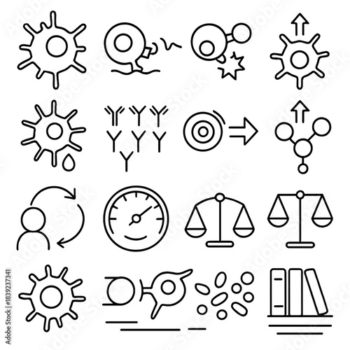 Adaptive Immunity Diagram. Adaptive Immunity linear set: antigen-presenting cell, T-helper signal wave, cytotoxic T-cell strike, B-cell maturation arrow, plasma cell droplet maker,