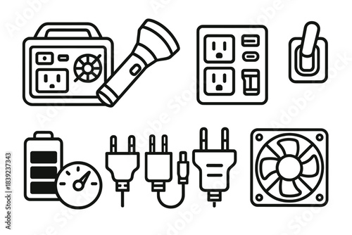 Emergency Power Kit Icons. Emergency power kits linear set: backup battery station, torch light, output panel, toggle switch, capacity gauge, adapter set, cooling fan, reinforced