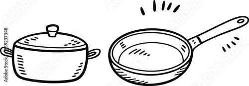 Hand drawn kitchenware illustration set including frying pan, cooking pot, bowls, spatula, French press, oven mitt, potholder, simple doodle style graphic