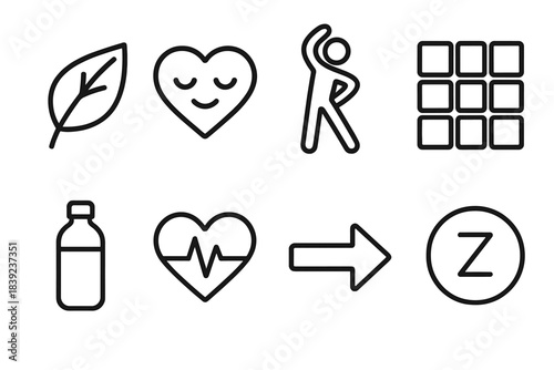 Wellness Icon Grid. Healthy Balance linear set: wellness leaf, calm heart, stretching figure, organized grid, hydration bottle, steady pulse, focus arrow, relaxation bubble.