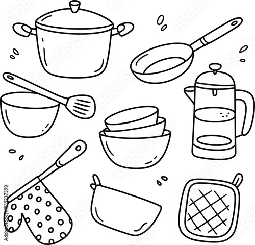 Hand drawn kitchenware illustration set including frying pan, cooking pot, bowls, spatula, French press, oven mitt, potholder, simple doodle style graphic