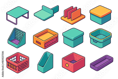 Colorful Shelf Accessories. Modular Shelf Accessories flat isometric set: wire riser, clip-on tray, sort divider board, stackable box, mesh file rack, slide-out organizer, lidded