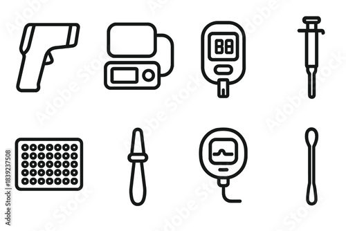 Healthcare Icons Suite. Healthcare Diagnostic Set linear set: handheld scanner, BP monitor, glucose meter, lab pipette, microplate sample, exam probe, vitals sensor, sterile swab.