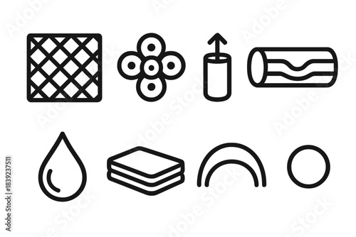 Bioassembly Icon Set. Bioassembly cell processes linear set: scaffold mesh tile, cell cluster node, nutrient perfusion strip, hydrogel channel, factor droplet, matrix layer bar,