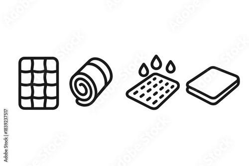 Camping Blanket Icons. Camping Blanket Essentials linear set: thermal-layer panel, compact-roll strip, moisture-proof pad.