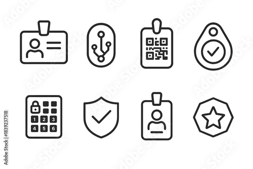 Access Control Icons. Authorized access items linear set: passcard, encrypted token, QR pass, access key fob, secure login pad, verified badge, identity tag, clearance token.