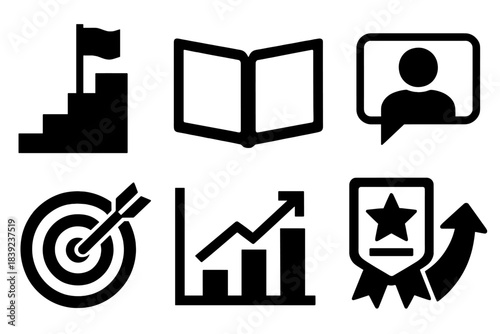 Brutalist Growth Icons. Professional Growth Track silhouette set: milestone steps, open portfolio, learning module, mentor chat bubble, goal target, capability chart, certification