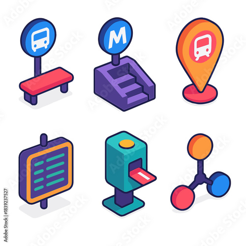 Isometric Transport Icons. Transportation Access Points isometric flat set: bus stand, subway stair icon, light-rail marker, schedule board, ticket validator, network link.