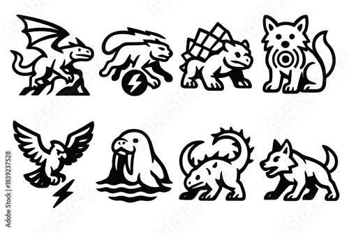 Heroic Creature Icons. Heroic Creature Squad linear set: gliding cliff beast, lightning-paw sprinter, crystal-scale defender, deep-sense tracker, storm-call avian, river-hide
