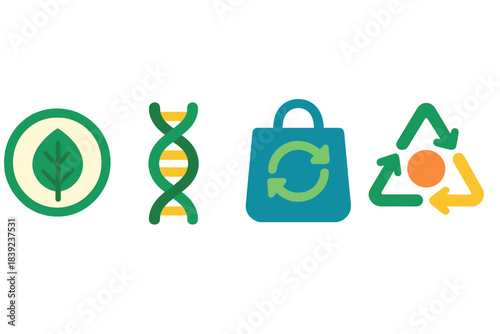 Sustainable Design Icons. Eco-Material Pathways flat set: compostable-polymer strand, reuse-loop panel, resource-cycle node.