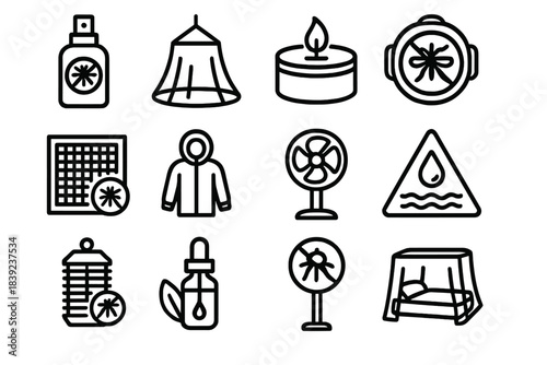 Mosquito Defense Icons. Mosquito Defense Essentials linear set: repellant spray bottle, mosquito net, citronella candle, insect-repelling bracelet, screened window, protective