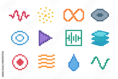 Audio Icon Set. Audio Creativity Elements pixel style set: experimental wave, sound scatter point, frequency loop, tone pebble, reverb halo, rhythmic shard, modulation gate,