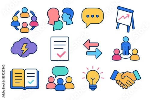 Collaboration Icon Set. Discussion & Collaboration Set isometric flat set: team circle, talking heads, comment icon, flip chart, brainstorm cloud, checklist page, connection arrows