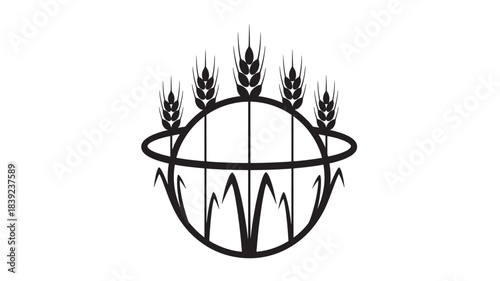 Agricultural Crest: Grain Stalks and Global Ring Emblem Symbolizing Harvest, Growth, and Sustained World Food Production