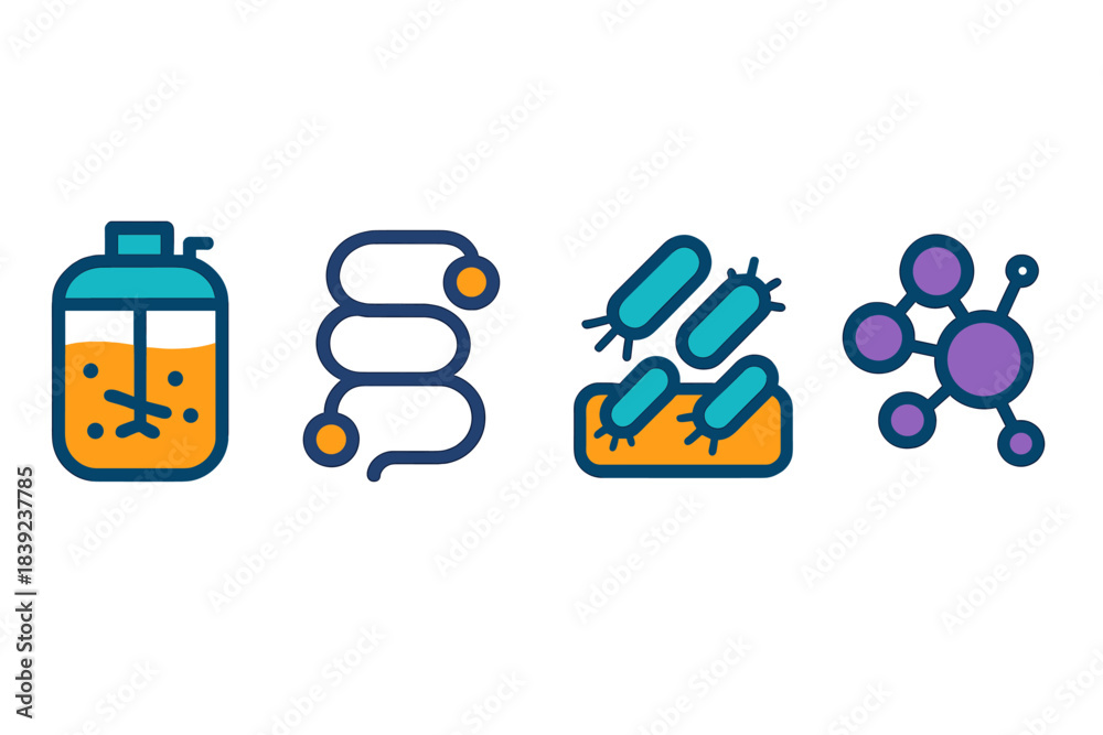 Fototapeta premium Microbial Fabrication Icons. Microbial Fabrication Systems flat set: bio-reactive chamber, enzyme route coil, microbial build cluster.