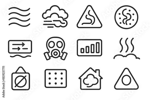 Air Quality Alert Icons. Smoke Risk Indicators linear set: smoky air band, thick haze icon, hazard triangle, airborne particle icon, vent circulation arrow, protective mask sign,