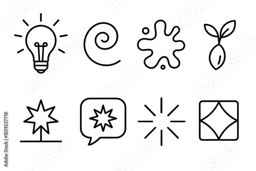 Inspiration Icon Set. Idea Spark Set linear set: lightbulb burst, inspiration swirl, color splash, concept seed, creative spark line, aha bubble, energy flare, vision tile. .