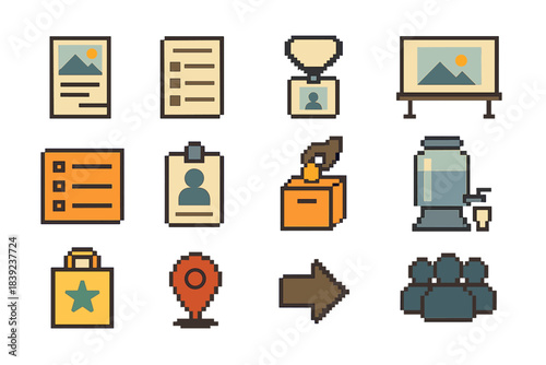 Event Icon Set. Event Preparation Elements set of icons in flat pixel vector style: promo leaflet, roster sheet, ID tag, display board, agenda card, helper badge, contribution box,