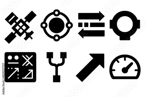 Space Logistics Icons. Resource Flow in Orbit Set silhouette set: inventory satellite tile, orbital storage node, supply-routing bar, resource-transfer arrow, docking station ring,