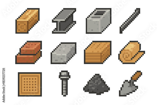 Structural Material Icons. Structural Materials pixel style set: timber beam, steel I-beam, concrete block, rebar rod, brick stack, stone slab, plywood sheet, insulation roll,