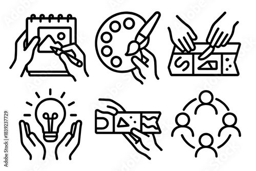 Creative Collaboration Icons. Collaborative Creative Activities linear set: shared sketch pad, group paint palette, joint craft tool, idea spark, mixed media strip, teamwork circle