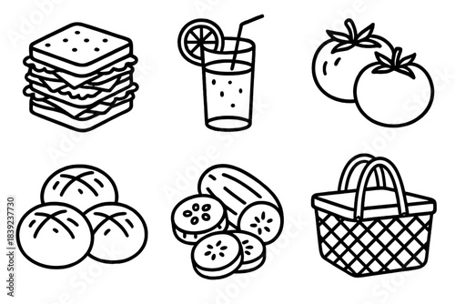Picnic Icons Display. Independence Day Picnic Set linear set: sandwich stack, citrus drink, garden tomatoes, baked rolls, sliced cucumbers, picnic basket.