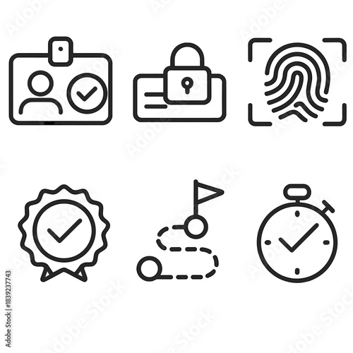 Secure Verification Icons. Verified Onboarding Set linear set: verified ID card, locked form field, biometric scan symbol, verification timer, trust seal, onboarding path icon.