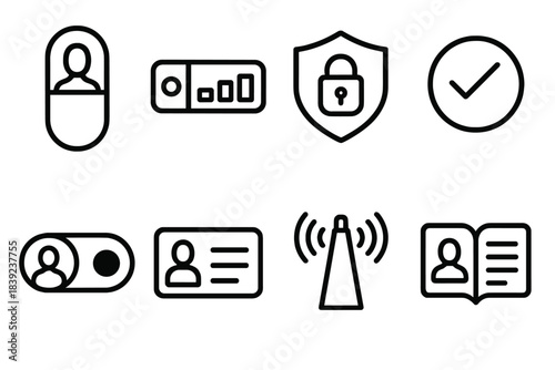 Digital Credential Icons. Next-gen credential systems linear set: identity capsule, access tier bar, encrypted badge, verification ring, authorization switch, credential packet,