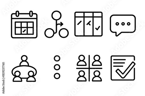 Team Workflow Icons. Team Coordination Set linear set: shared calendar, workflow arrows, task board, chat bubble, meeting table icon, status dots, role grid, alignment checkmark. .